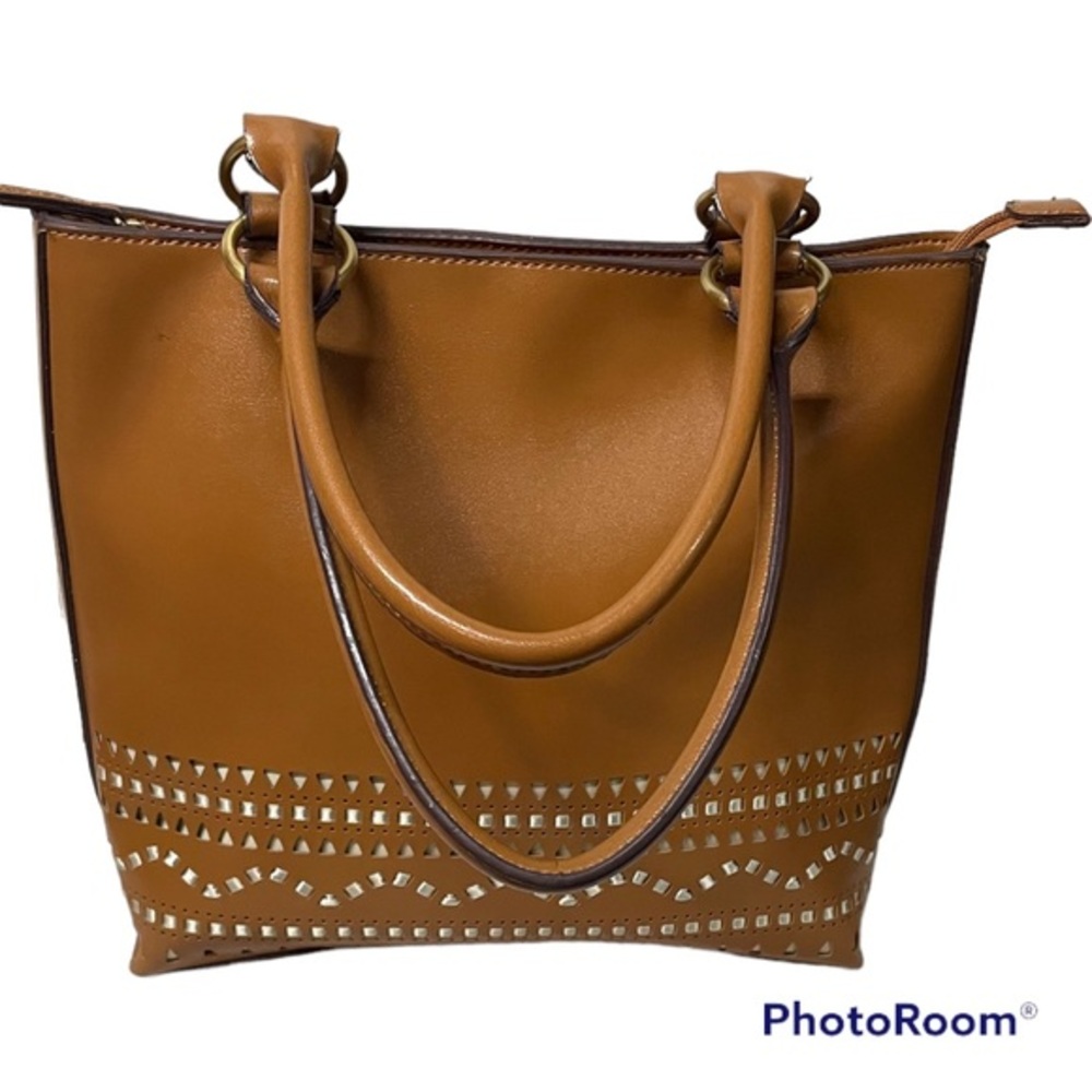 Simulated Leather Laser Cut out Design 2 Handle Tote Bag